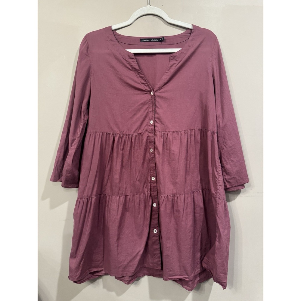 Gundrum Sjoden Purple Tiered Tunic Dress‎ Organic Cotton Small Lagenlook